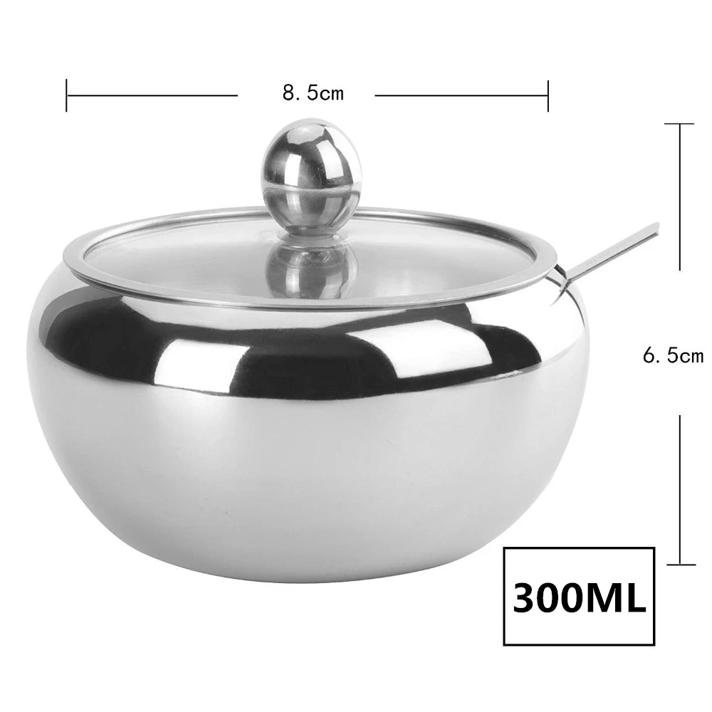 LMETJMA 300ML Sugar Bowl Stainless Steel Sugar Bowl Glass Lid Spoon Seasoning Spice Container KC0247 spice jar,seasoning jar,seasoning bottle