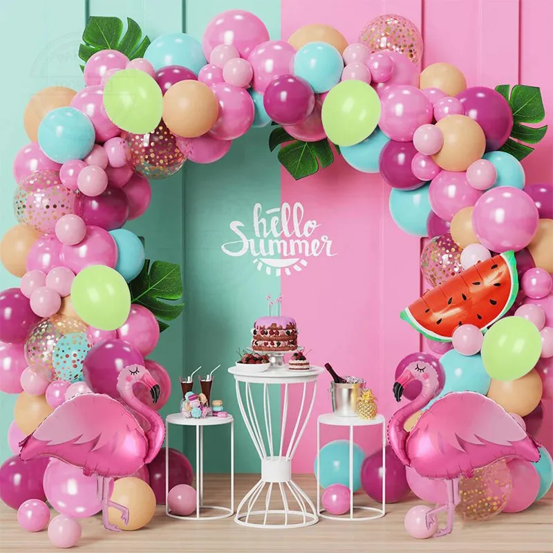 Summer Jungle Safari Animal Flamingo Birthday Party Show Tropical Balloon Garland Arch Kit Decori Pink Green Latex Balls Globos