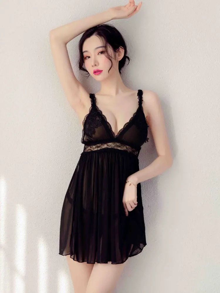 

Women's Lace Strap Night Dresses Sleepwear Sexy Deep V Neck Backless Sheer Transparent Nightie Famale Exotic Lingerie Mesh Dress