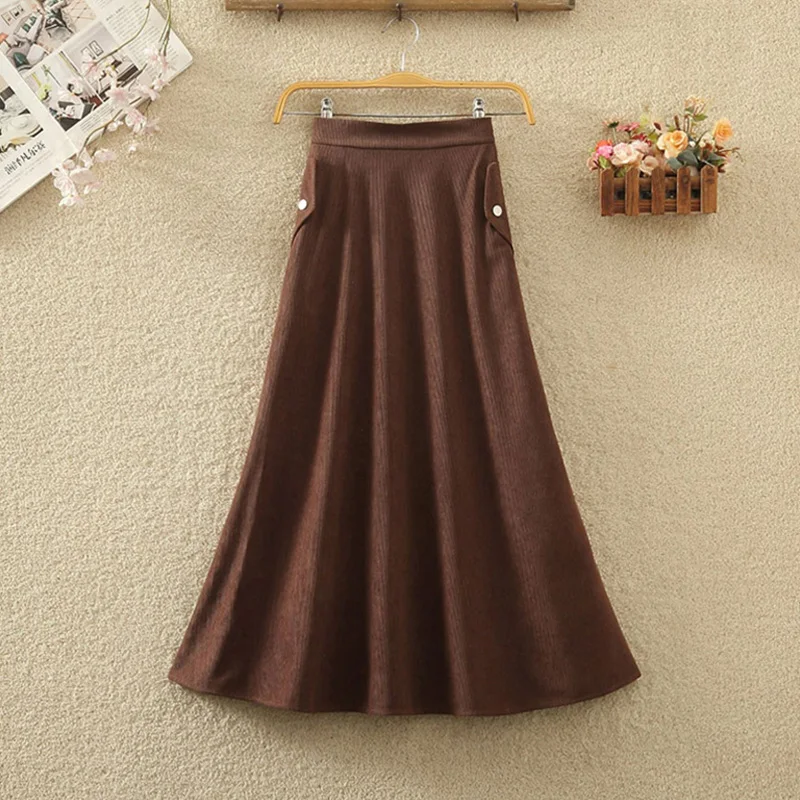 

OHRYIYIE Vintage Corduroy Pocket Long Skirt Women 2023 Autumn Winter High Waist Velvet A-Line Skirt Female Slim Fall Skirt Lady