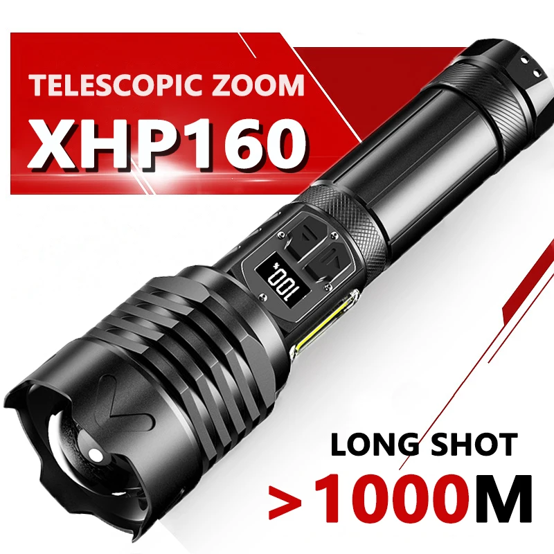 

Новый мощный фонарик с большим радиусом действия 1000 м XHP160, двухсторонний фонарик с открытой стороной, Аккумуляторный телескопический зум COB, белый лазерный уличный фонарик