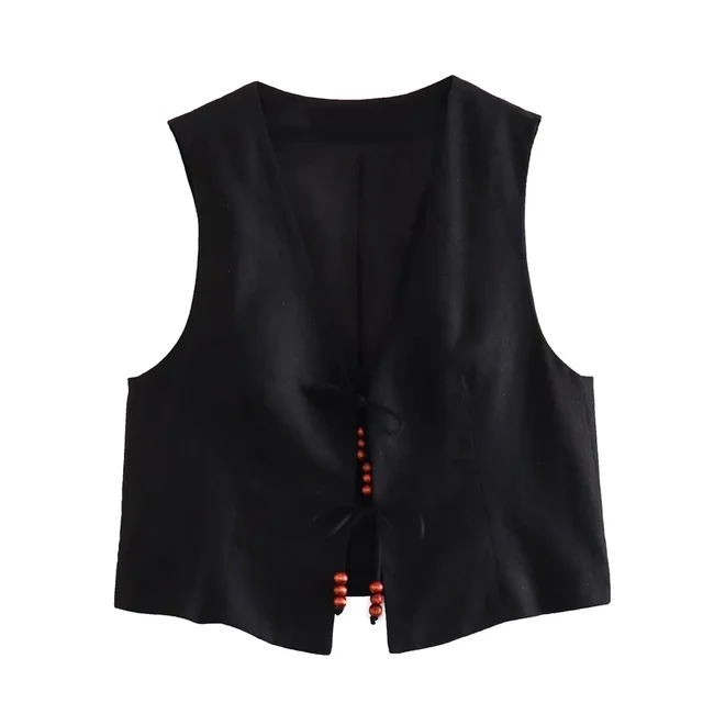 MUJER Beading Sleeveless Vest Woman V Neck Black Cropped