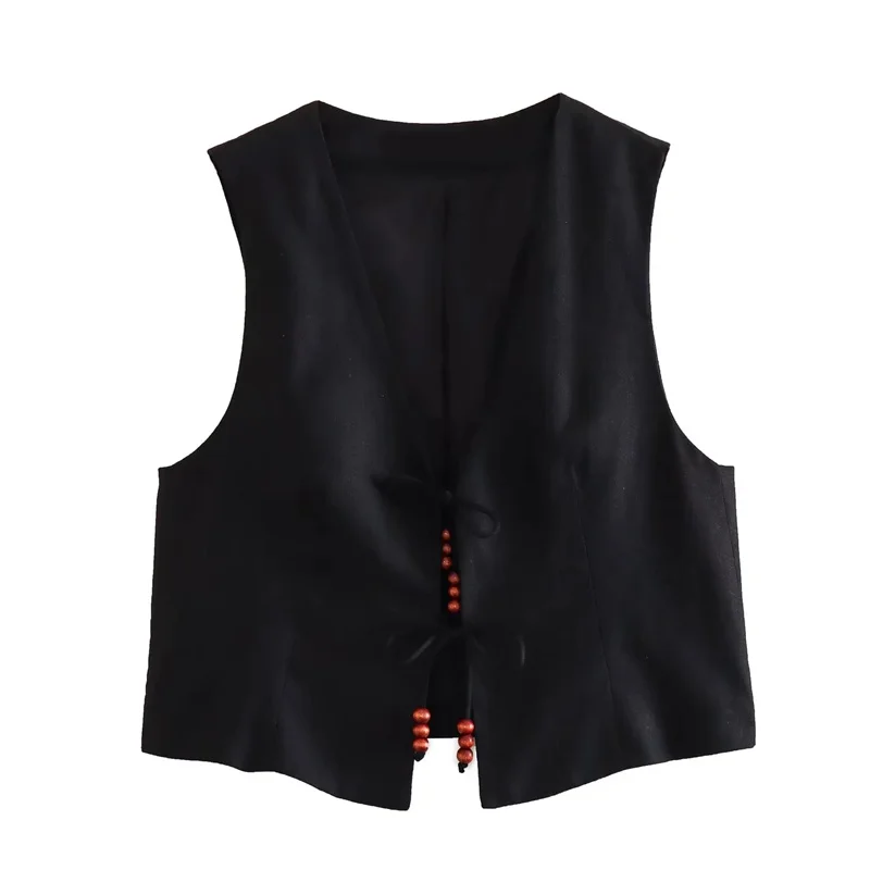 TRAF 2024 Black Cropped Vest Women Jacket Beading Tied Sleeveless Vest Woman Fashion V Neck Summer Vest Short Coats Waistcoat 3