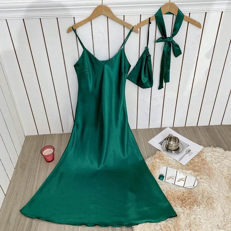 New Green Sexy Backless Nightgown Summer Long Spaghetti Strap Nightdress Sleepwear Thin Soft Rayon Bathrobe Home Dressing Gown |