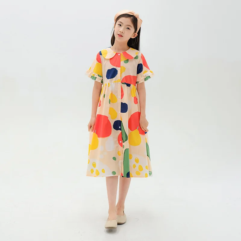 

Doll Collar Print Plaid Dress Girls Summer Children Patchwork Loose Short sleeved Dresses