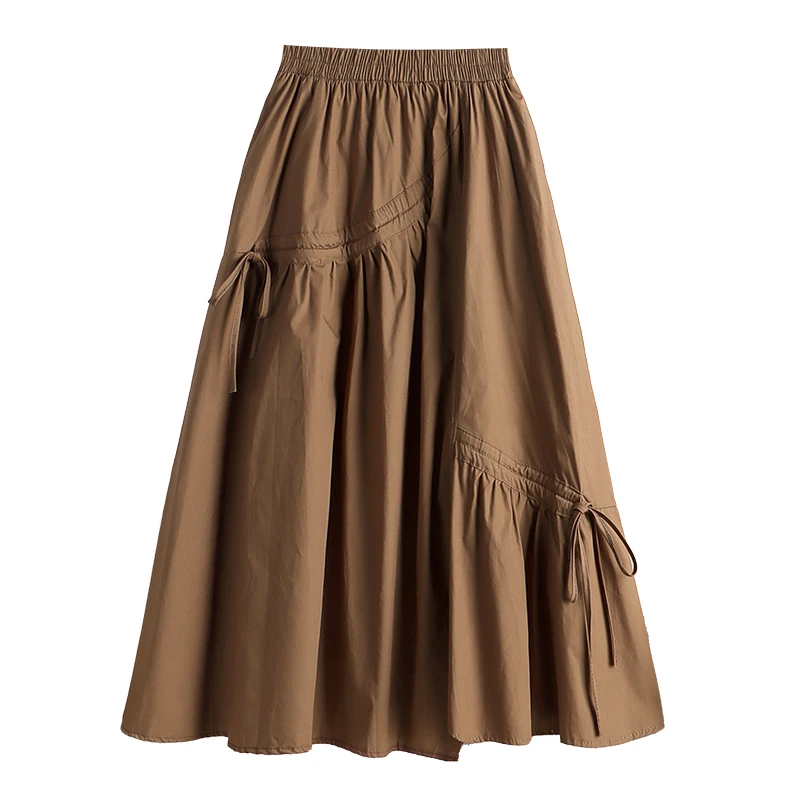 일본식 Drawstring 묶인 주름 치마 여성의 새로운 2023 슬리밍 중간 길이 엉덩이 커버 캐주얼 a 라인 우산 스커트