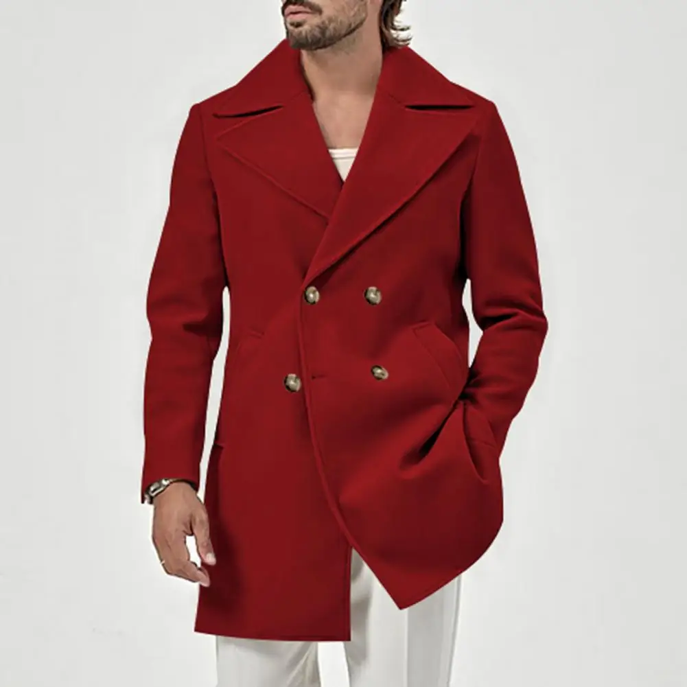 Double-breasted Coat with Pockets Double-breasted Mid-length Overcoat with Warm Pockets for Men Solid Color Thick Windproof Fall