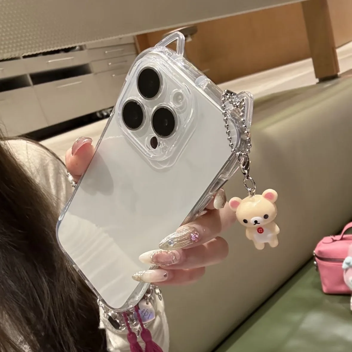 Cute 3D Ears Clear Case For iPhone 17 16 15 14 13 12 11 Pro Max 8 7 Plus SE 17promax Cartoon Rilakkuma Pendant TPU Cover Shell 3