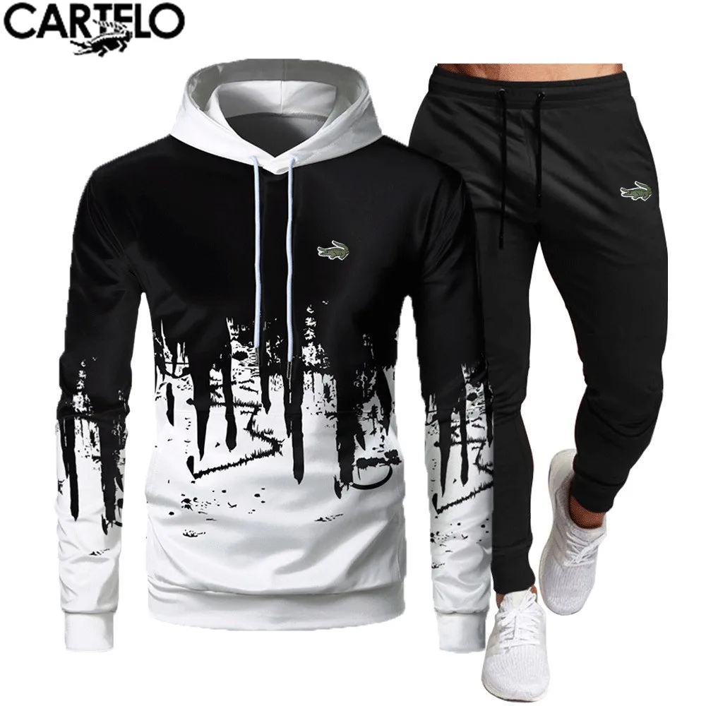 

CARTELO Embroidery men's and women's fall and winter, splash-ink hooded sweatshirts and drawstring sweatpants, running, suits