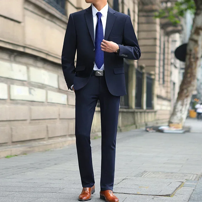 Men's Spring Fashion Solid Color Suit And Pants Two-Piece Set Wedding Dress Business Tooling All-Match Elegant