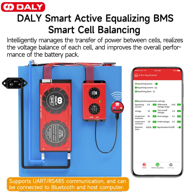 Lithium Battery Balancer Daly Smart BMS Smart Active Balancer 1A Lifepo4 3S-24S 12V-60V 60A-500A