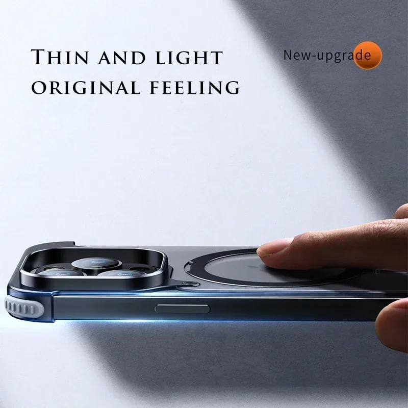 For iPhone 15 14 Pro Max Phone Case Magnetic Metal Stand Rimless Aluminum Alloy Phone Shell Frosted Matte Back Cover