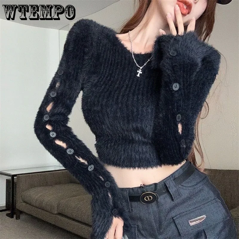 

Hollow Out Sweaters Jumper Women Sexy O Neck Long Sleeve Tunic Chic Slim Button Short Knitted Pullovers Y2k Crop Tops