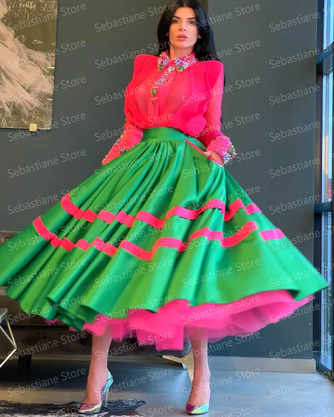 Elegant Two Piece Prom Dresses Long Sleeves Colorful Crystals Pleated Ball Gown Women Evening Party Gowns Custom Made Plus Size satin prom dress