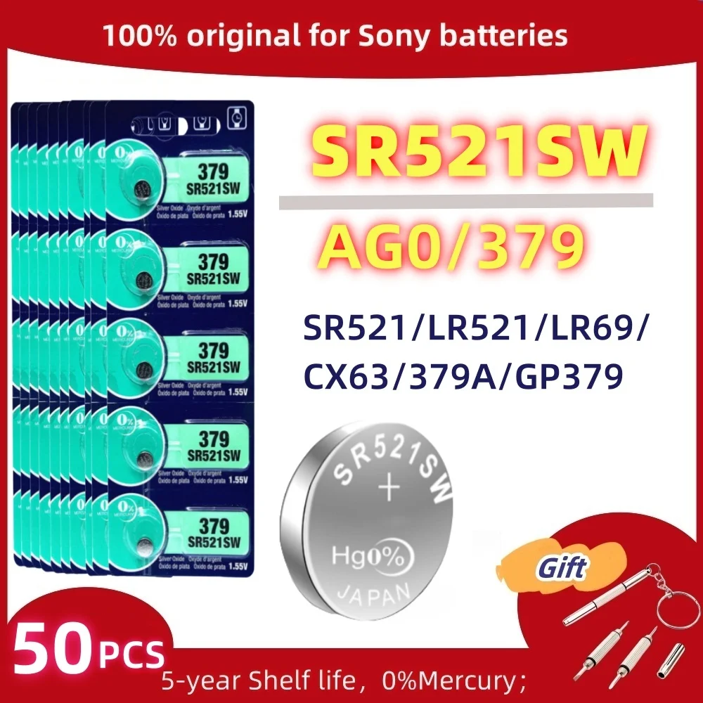 

50pcs Original For SONY LR521Button Batteries SR521SW 379A 379 179 D379 SR63 1.55V Alkaline Coin Cell Silver OxideWatch SR521