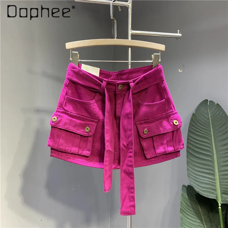 Streetwear Rose Red Denim Short Skirt for Women 2024 Summer New Trendy Three-dimensional Pockets Work Buttocks Wrap Jean Skirts american retro cargo straight jeans 2024 women s spring new streetwear hot girls loose pockets light blue high waist denim pants