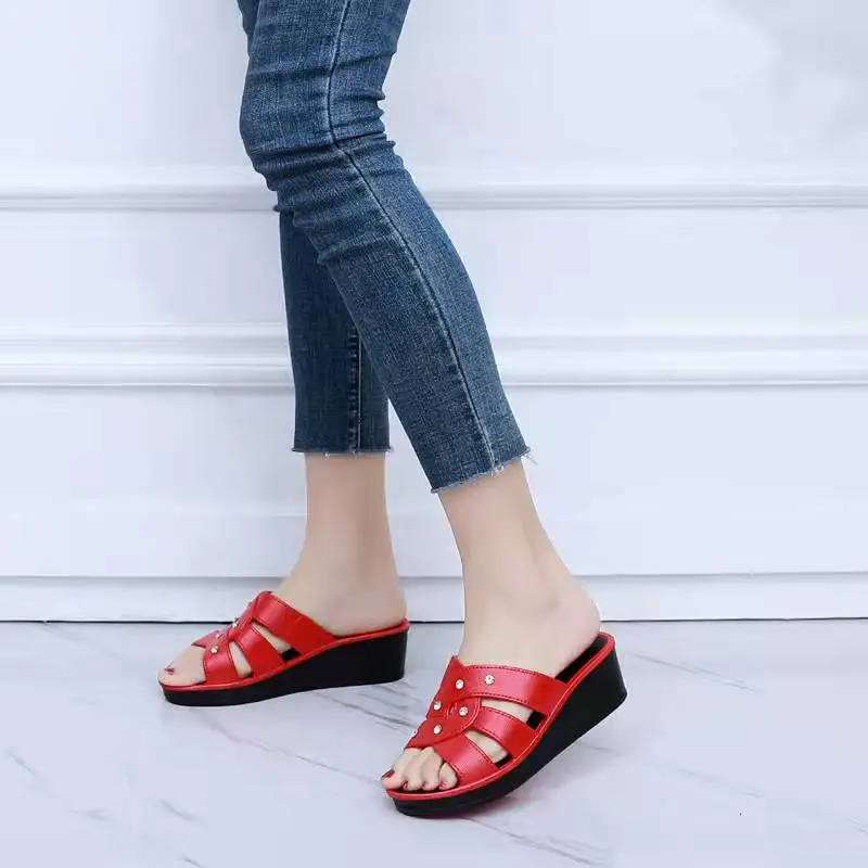Women’s summer platform wedge sandals with thick sole and non-slip design red