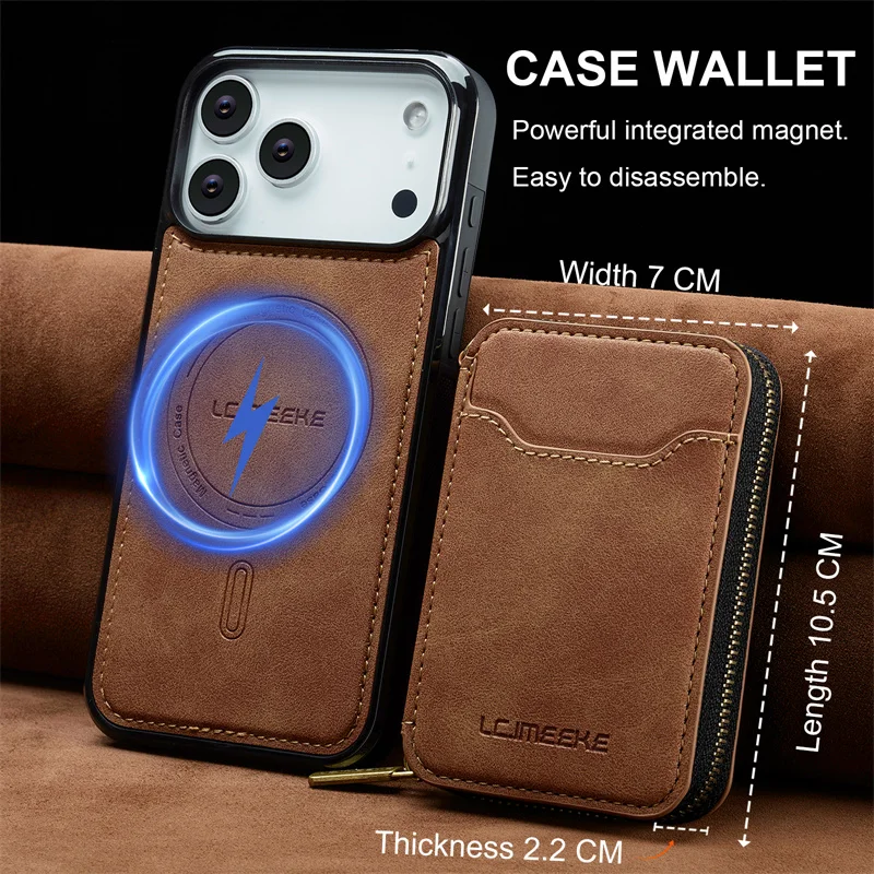 Magnetic Dual-Function Leather Wallet Phone Case with Zipper Card Holder