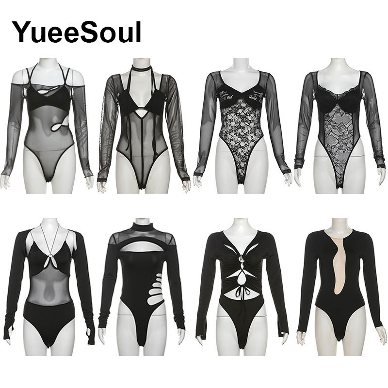 Gothic Black Bodysuit Long Sleeveless Slim Women Body Suit  2025 New Y2K Aesthetic Harajuku Halloween Party Club Sexy Bodysuits
