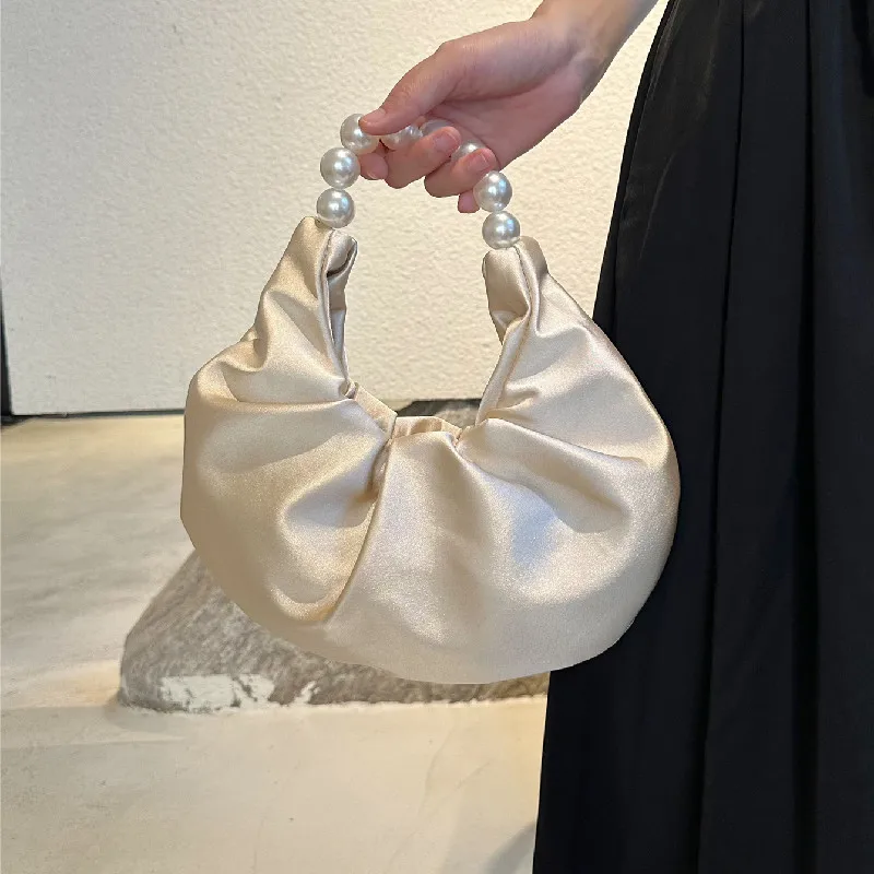 French Design Pleated Satin pearl Bag Women's Sweet Cloud Handbag Ladies Soft Wedding Evening Bags Prom Hot Pink Bags