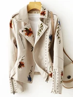 New Women's Retro Floral Print Embroidery Faux Leather Jacket