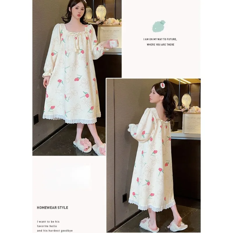 2024 New Plus Size Sleepwear 100kg Pajama Dress Women Long Sleeved Cartoon Mid Length Sleepshirts Ruffled Lace Loose Loungewear