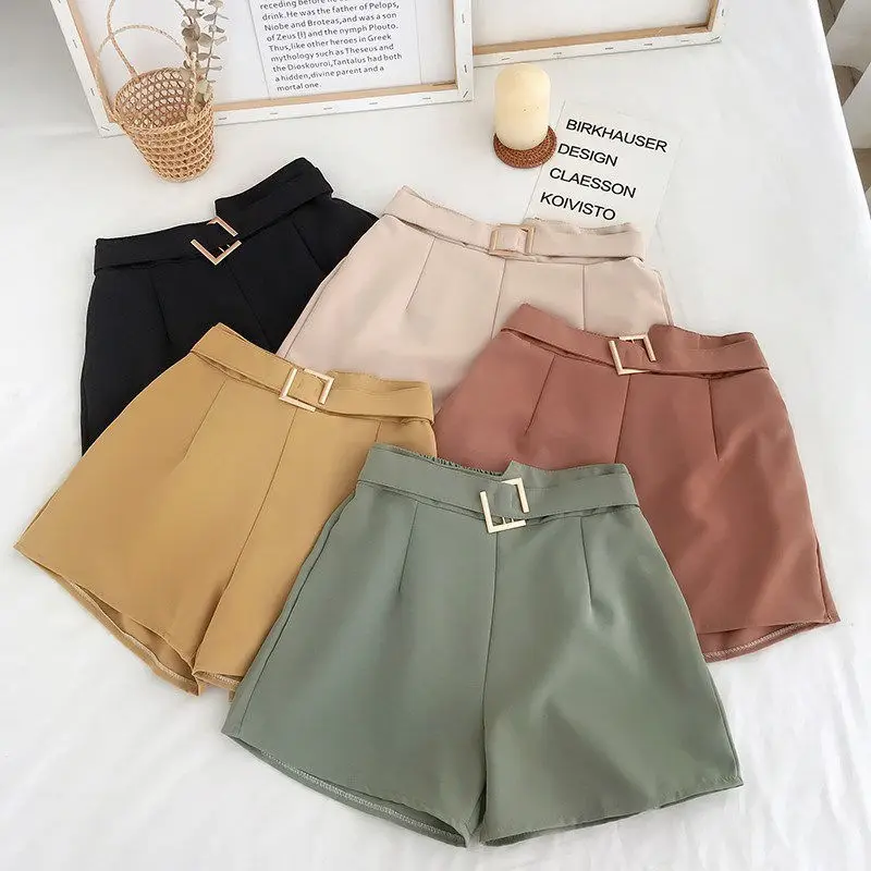 Short Pants for Women To Wear Wide Womens Shorts Work Office with Belt High Waist Black Youthful Casual Korean Style Clothes Hot