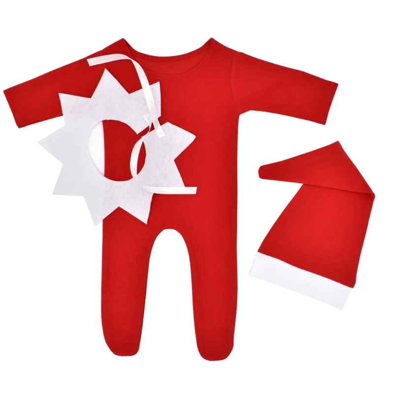 

Q0KB Newborn Photography Props Clothing Red Baby Romper with Collar Long Tail Hat Set