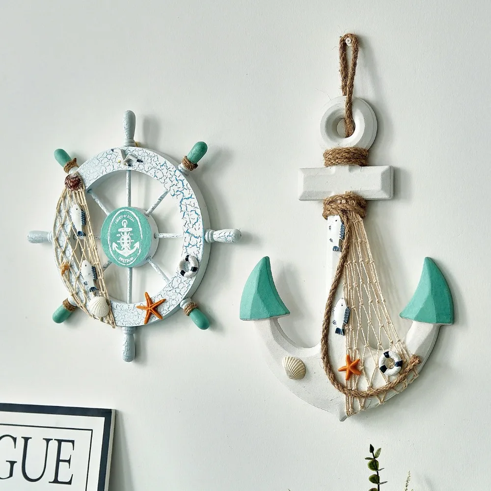 Timone e ancora per nave in legno nautica da 2 pezzi con corda, decorazione da parete per porta, ornamento da appendere, decorazione per la casa a tema spiaggia - immagine 6