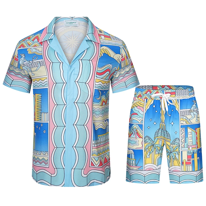

New Seaside City Print Men Shirts Harajuku Casablanca Summer Suit Style Shirts High Quality Breathable Fashion Pocket Shirts