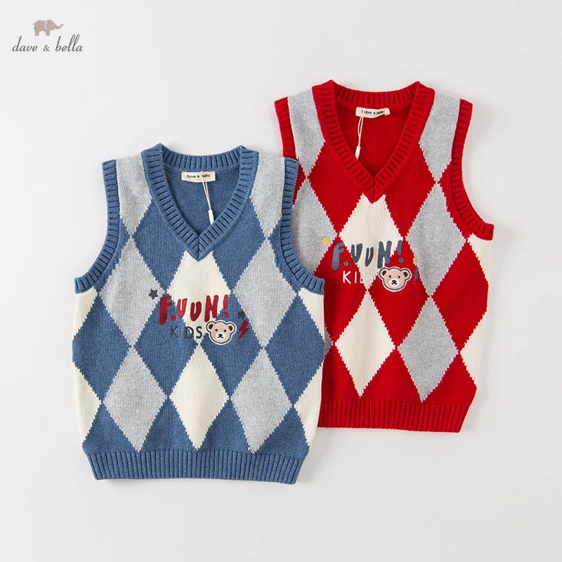 DK3222295 Dave Bella Spring Kids Boys 5Y-13Y Fashion Cotton letter Knitted Coat Children Boys Sleeveless Vest