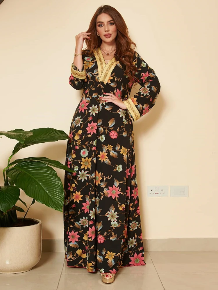 Morocco Muslim Dress Women Floral Print Diamond Abaya Dubai Arabic Party Vestidos Long Kaftan Islamic Clothing