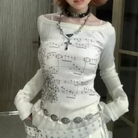 Femmes Y2K graphique à manches longues haut épaules dénudées partition musicale T-Shirt esthétique fée Grunge T-Shirt 2025 automne Streetwear 4