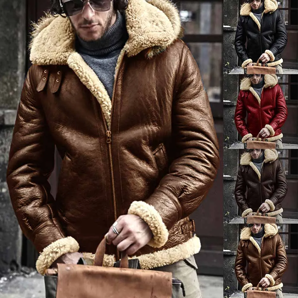 Winter Warm Men's Hooded Jackets Long Sleeve Coats Fashion Casual Cold-Resistant Faux Leather Lambswool Coat Overcoats