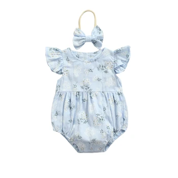 Baby Romper with Hairband Kids Floral Print Round Neck Fly Sleeve Bodysuit+ Headband for Summer Blue/Yellow 0-24 Months 1