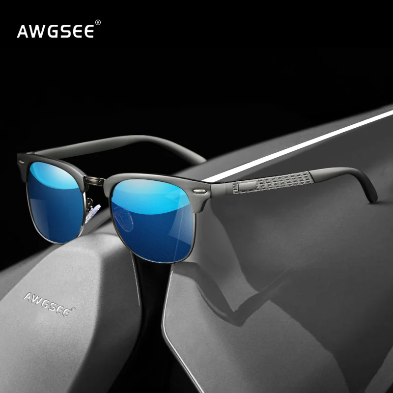 

AWGSEE Men Semi-Rimless Polarized Sunglasses Aluminum Magnesium Sun Glasses Metal Driving Shades For Men Oculos masculino Male