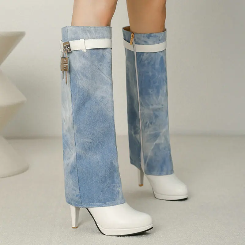 

Женские сапоги до колена на платформе, джинсовые сапоги из искусственной кожи на высоком устойчивом каблуке, с круглым носком, большой размер, 2024