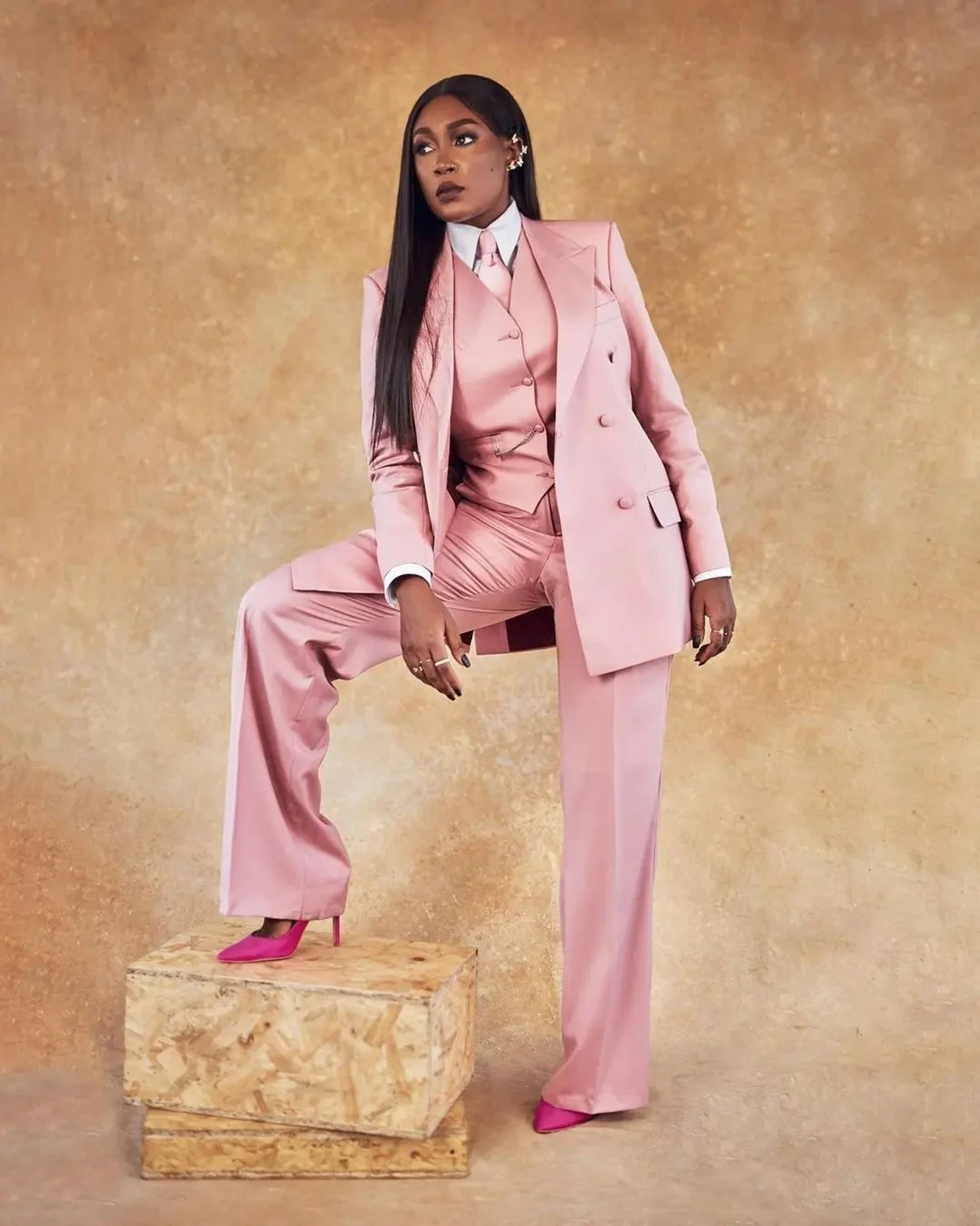 Women Party Dresses Classic Pink Women 3 Pieces Vest Jacket Pants Casual Plus Size Peaked Lapel Pocket Blazer Fashion Elegant Africa Daily Dresses
