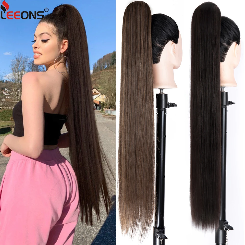 Leeons 85Cm 33Inch Long Ponytail Hairpieces For Women Hairstyles Straight Synthetic Fake Ponytail Wrap Around Clip In Horse Tail