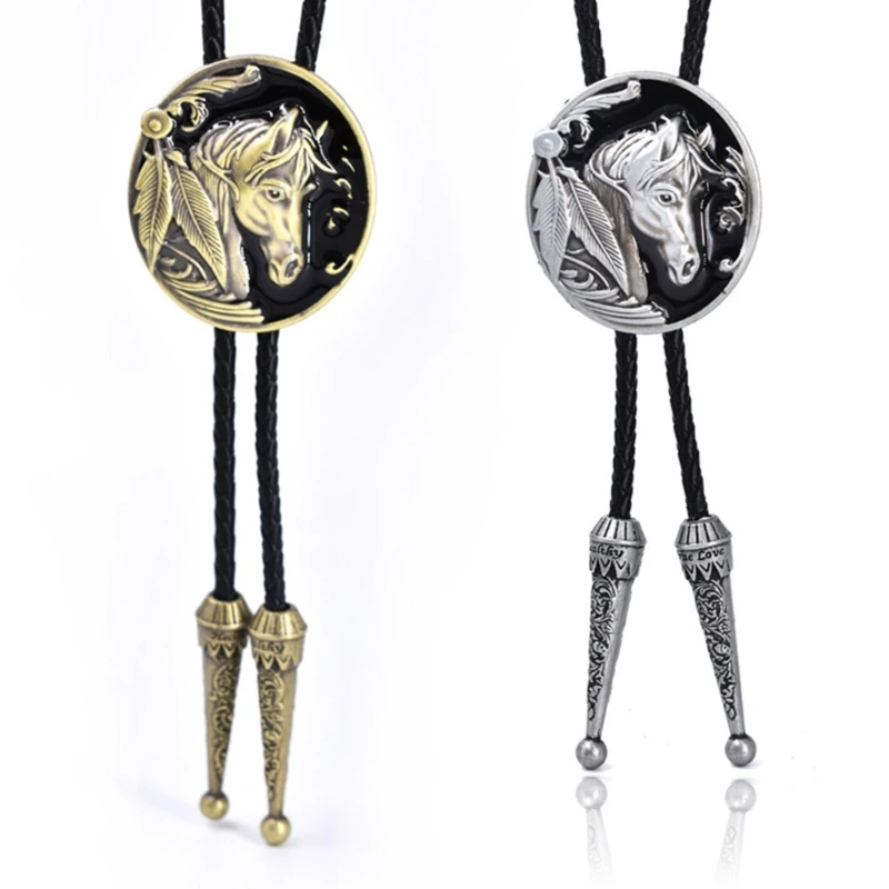

Western Cowboy Bolo Necktie with Relief Horse Buckle Decor Vintage Tie for Men