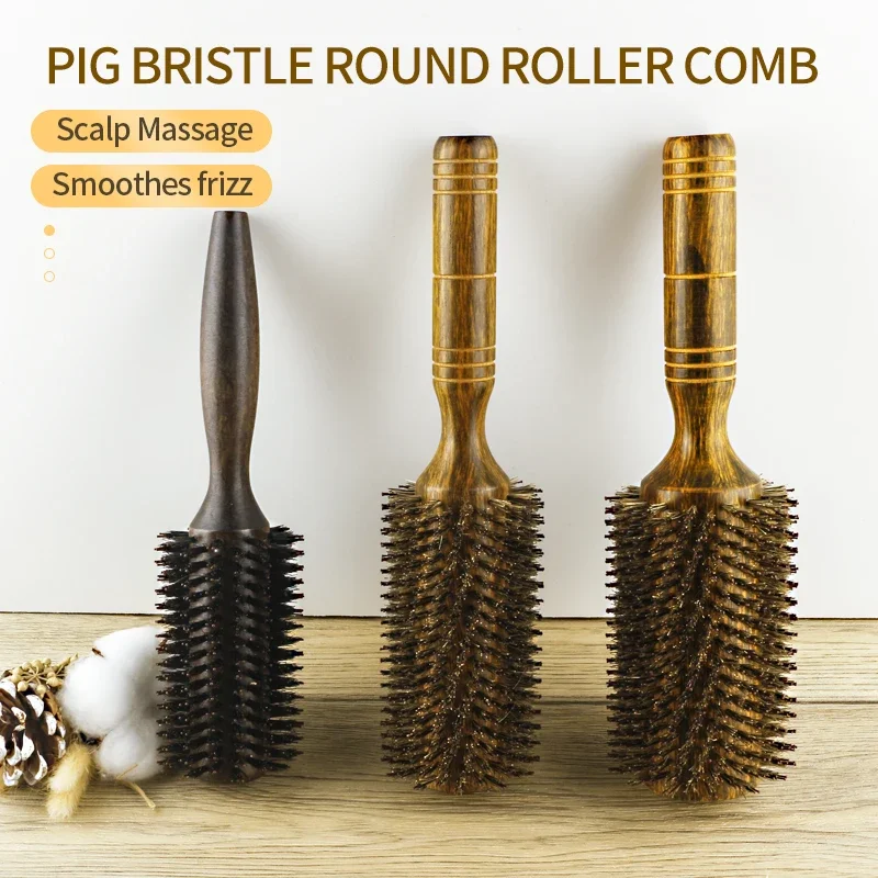Professional 65mm Wood Round Hairbrush Roll Hairdresser Combs Boar Bristle Curly Hair Brush Straightening Brush For Hairdresser 5