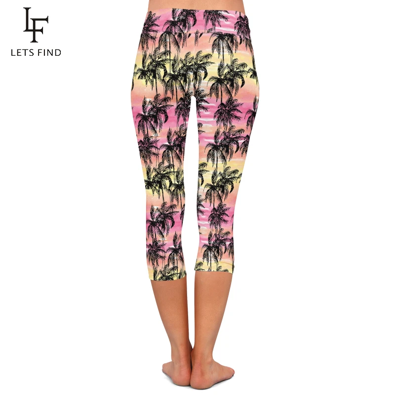 LETSFIND New High Waist Capri Print Palms on Sunset-colored Watercolor Print Women Leggings High Quality Fitness Pants