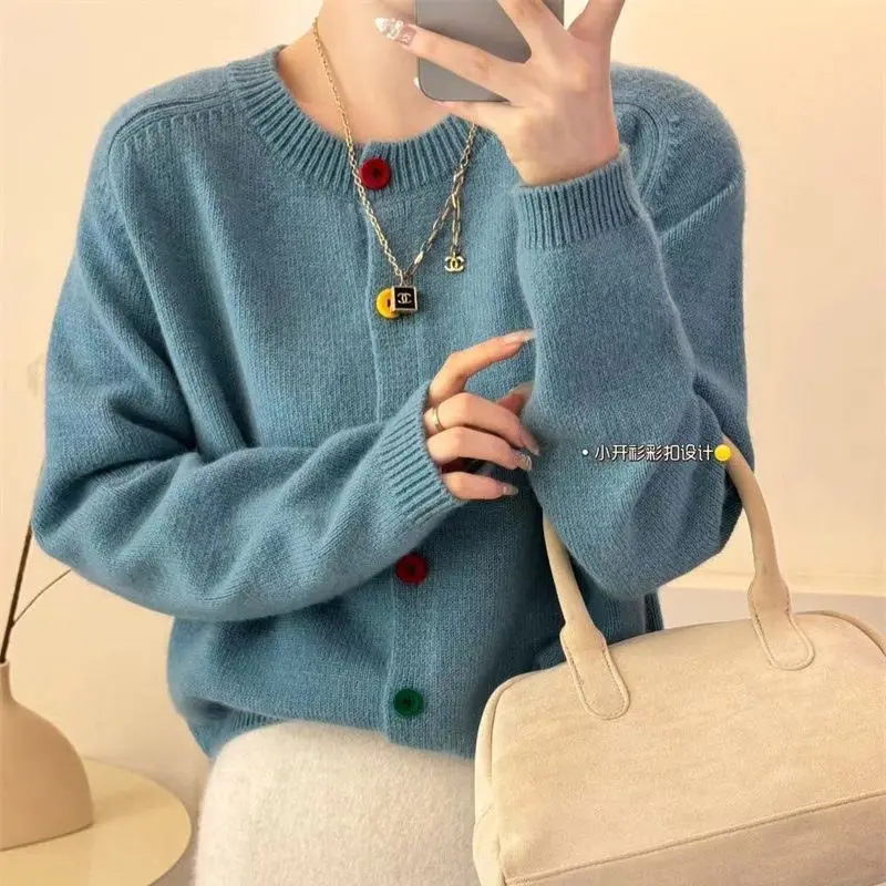 Japanese Sweet and Fresh Round Neck Colorful Button Knitwear Coat Academy Style Western Versatile Sweater Women's Cardigan 3
