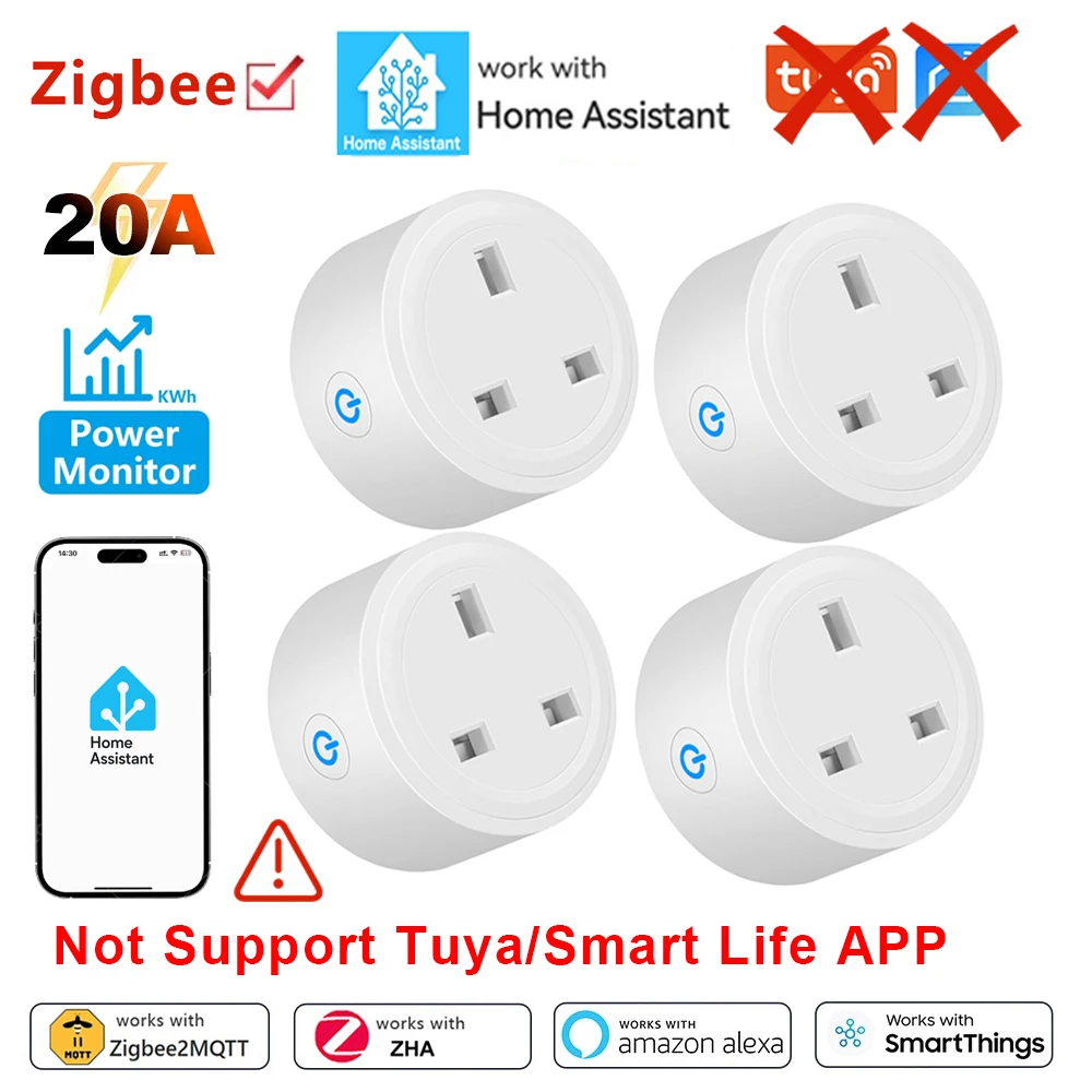 Home Assistant UK Zigbee Smart Plug 20A สมาร์ทซ็อกเก็ตอะแดปเตอร์ Home Outlet พร้อม Energy Monitor เสียง Alexa ทํางานร่วมกับ Zigbee2MQTT 1