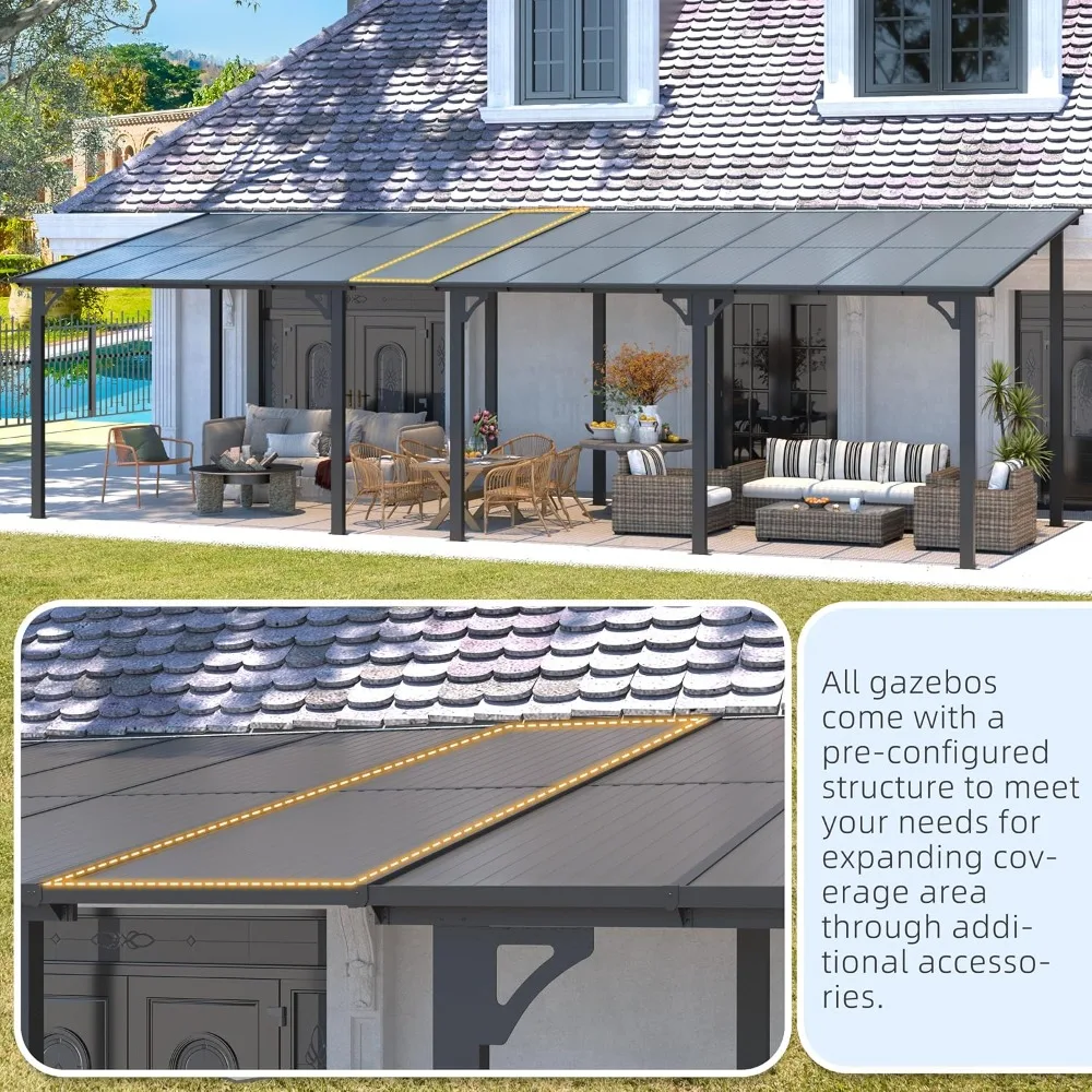 24 'x 10' terrace pavilion, large wall mounted hardtop sloping pavilion, deck heavy-duty terrace sunshade, backyard 2
