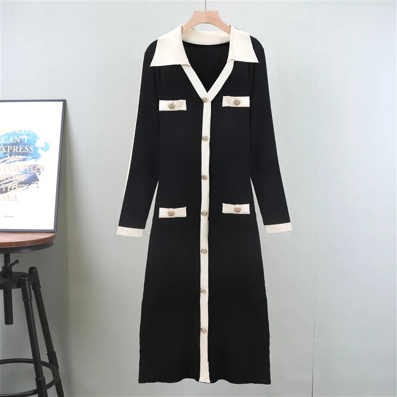 Women Dress Full Sleeve Knit Splice Long Dresses Turn Down Collar High Waist Solid Elegant Vestidos Button Cardigan Elegant