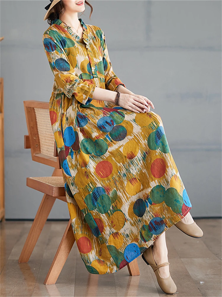 Cotton Vintage Polka Dot V-neck Dress Women Casual Loose Long Sleeve Spring Autumn Dresses Femme Robe Vestidos Elegant Clothing