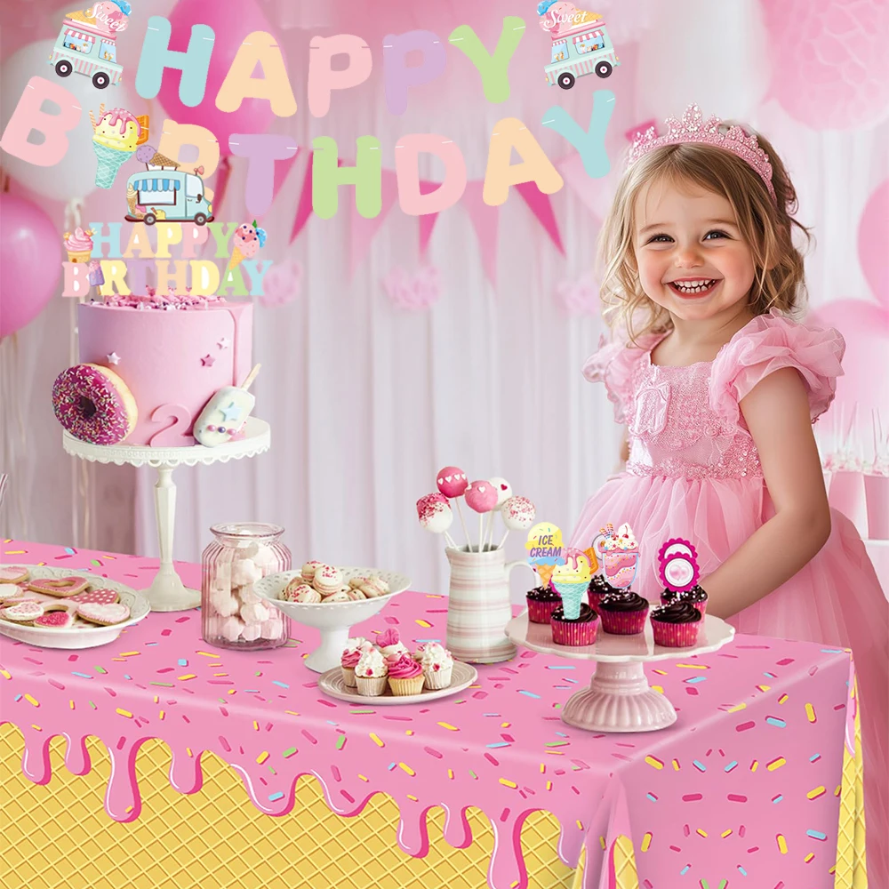 Eiscreme-Party Tischware Pappteller Becher Tischdecke Eiscreme-Thema Happy Banner Geburtstagsdekoration Baby-Shower-Zubehör – Detail 10