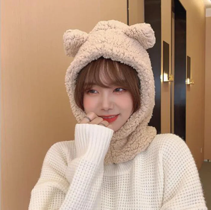 New Cute Bear Ear Hat Scarf Gloves Set Women Winter Novelty Caps Warm Plush Hats Casual Solid Fleece Girl Party Accessories - 5