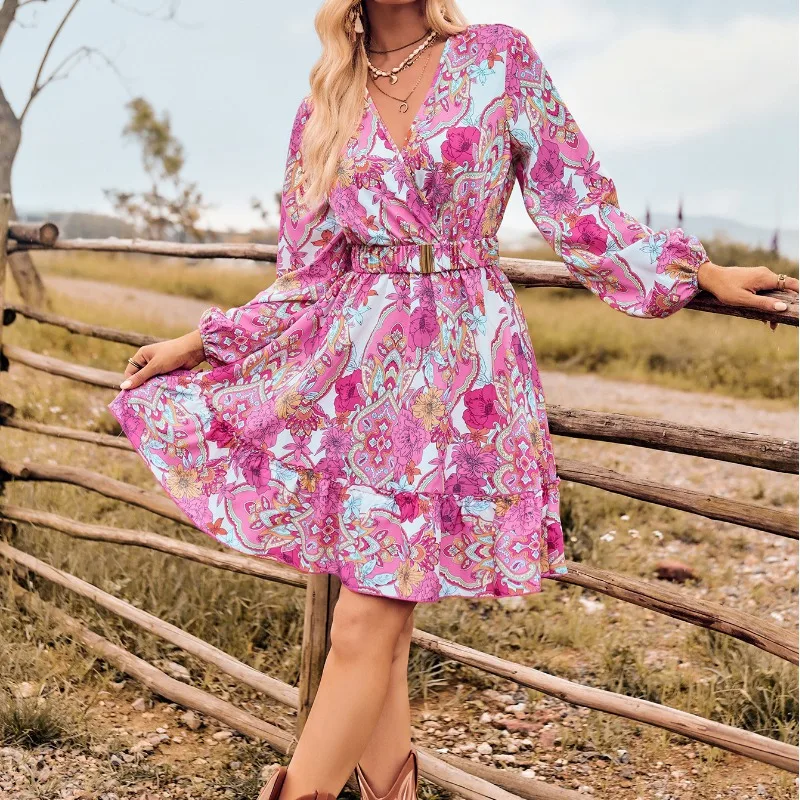 

2023 Spring and Autumn Women's V-Neck Long Sleeve Slim Sashes Printing Fashion Casual Elegant Formal Office Lady Dress